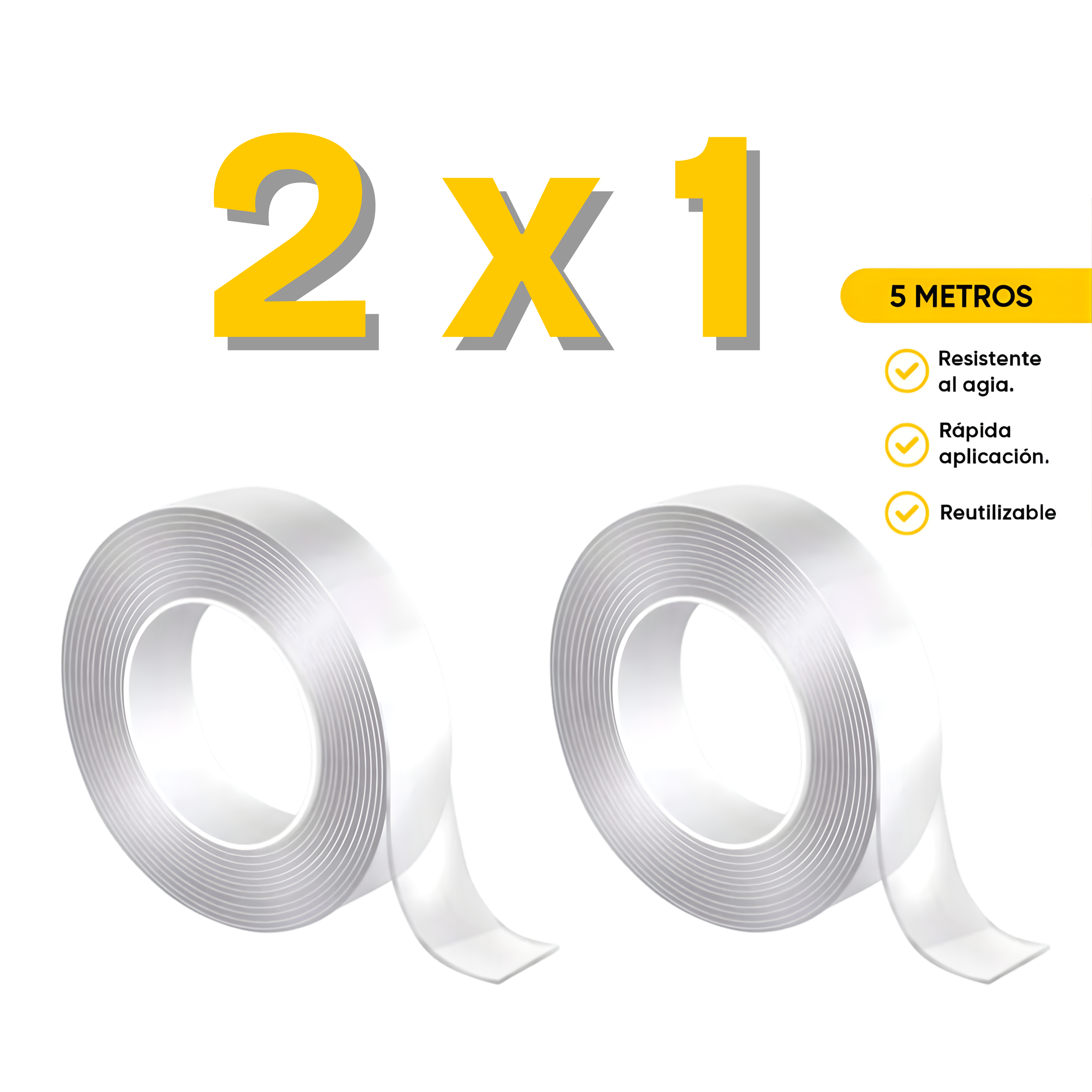 Cinta de Doble Faz Transparente Pegamucho de 5m 2X1 | Leisel