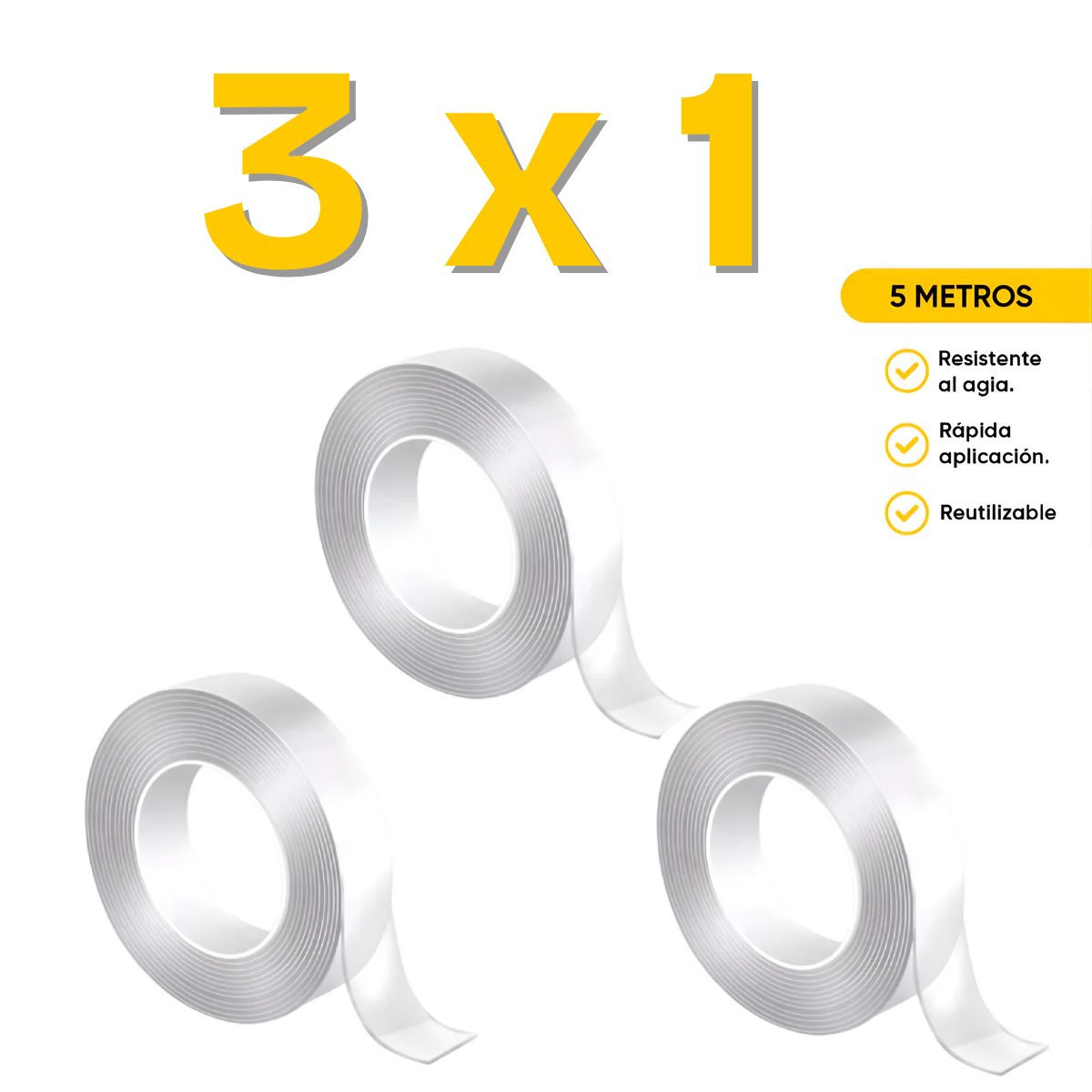 Cinta de Doble Faz Transparente Pegamucho de 5m 3X1 | Leisel