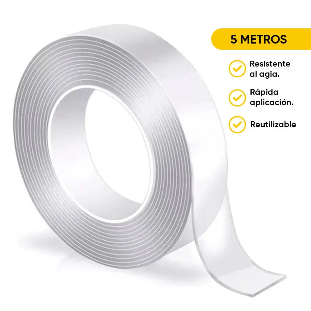 Cinta de Doble Faz Transparente Pegamucho de 5m | Leisel